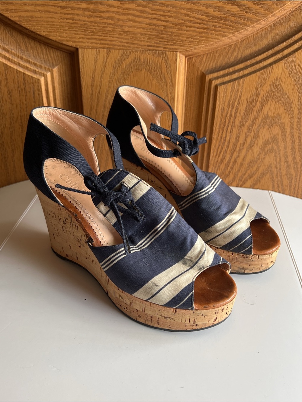 Chloé Blue White Canvas Cork Wedge Sandals Ankle Strap EU 38 Summer Resort